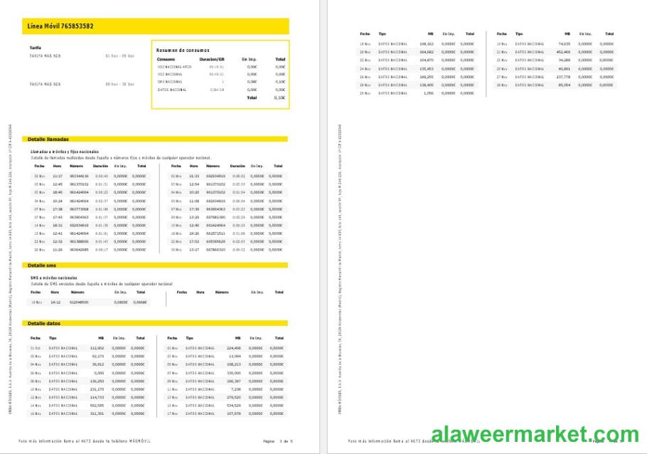 Spain Masmovil internet and mobile utility  bill Word and PDF formats, 5 pages.